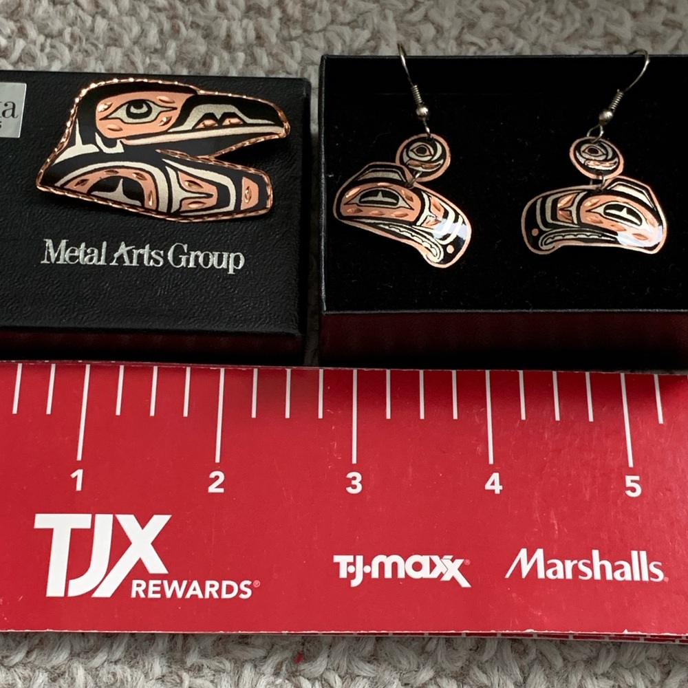 Alaska Native Art Copper Raven Brooch & Earring Set
